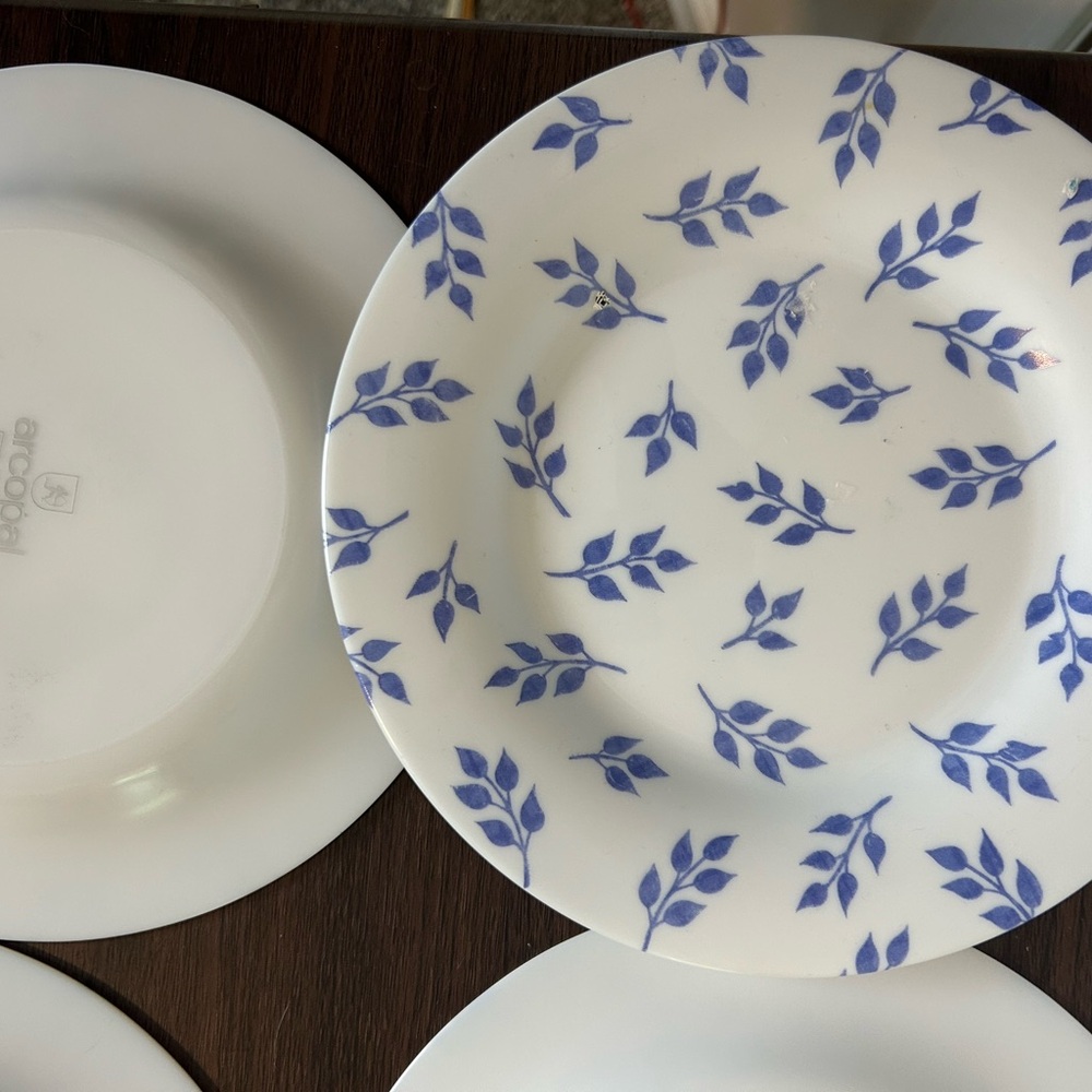 Vintage Arcopal milk glass blue salad plates set of 4